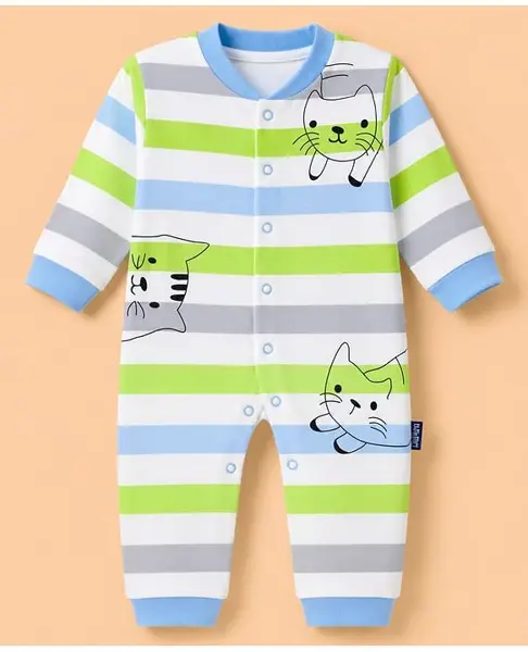 Child World Interlock Knit Full Sleeves Striped Kitty Printed Rompers- Light Green