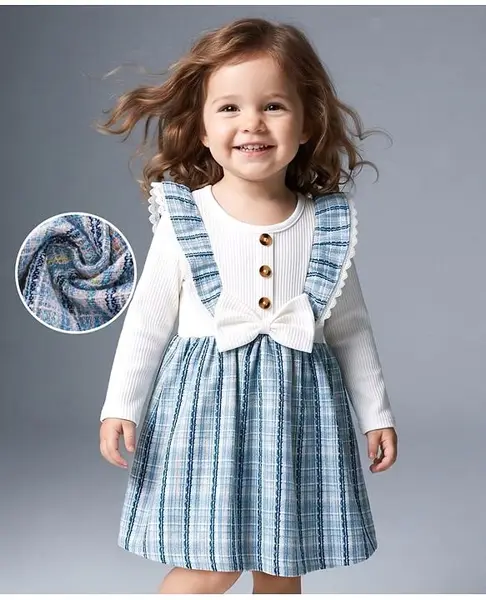 Mark & Mia Full Sleeves Fit & Flare Party Frock with Checked Design & Bow Applique - White & Blue