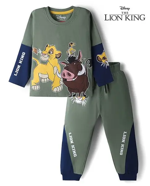 Babyhug Disney Single Jersey Knit Full Sleeve T-shirts & Joggers Set With Lion King Graphic & Cut & Sew Design - Green & Navy Blue