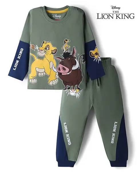 Babyhug Disney Single Jersey Knit Full Sleeve T-shirts & Joggers Set With Lion King Graphic & Cut & Sew Design - Green & Navy Blue
