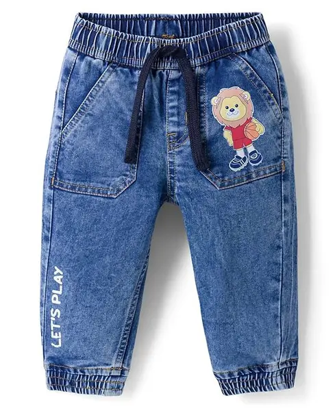 Babyhug Denim Full Length Washed Lion Printed Jeans with Stretch - Blue