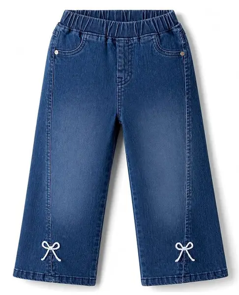 Babyhug Cotton Lycra Denim Full Length Washed Jeans With Stretch & Bow Applique - Navy Blue