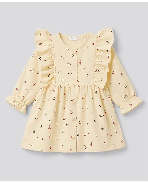 Bonfino 100% Cotton Woven Full Sleeves Floral Printed Fit & Flared Frock With Frill Detailing - Yellow