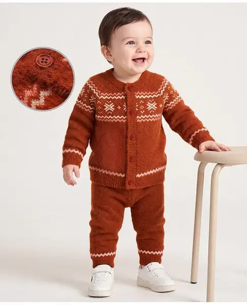 Babyoye 100% Viscose Knit Full Sleeves Sweater Set with Abstract Design - Brown
