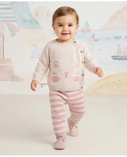 ToffyHouse Fleece Knit Full Sleeves Winter Wear Suits With Cat Face Embroidery - OffWhite