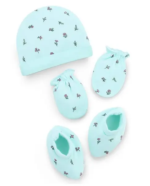 Babyhug 100% Cotton Interlock Knit Cap Mittens & Booties Set With Floral Print Aqua Blue - Diameter 17 cm