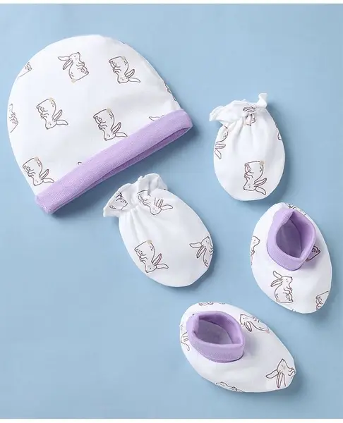 Babyhug 100% Cotton Interlock Knit Cap Mittens & Booties with Bunny Print White - Diameter 17 cm