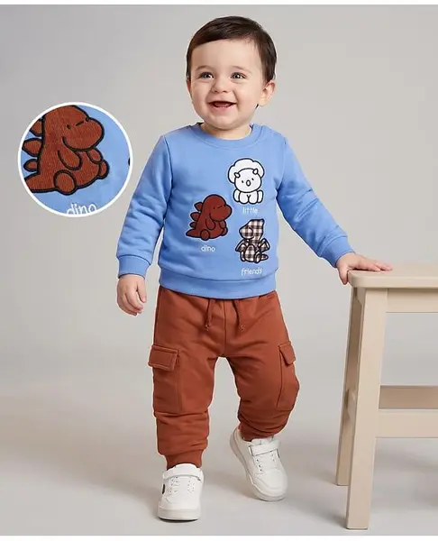 Babyoye 100% Cotton Heavy Gauge Terry Knit Full Sleeves Embroidered Winter Wear Suit - Blue
