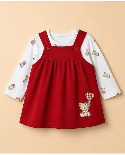 ToffyHouse Cotton Interlock Knit Full Sleeves Frocks with Inner Tee with Full Sleeves Bear Patch and Bear Print in Red