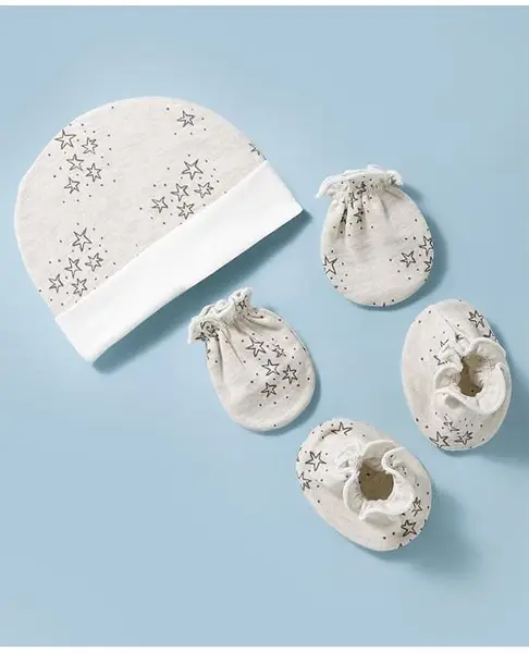 Ben Benny Interlock Knit Star Printed Cap Mittens & Booties Grey - Diameter 9 cm