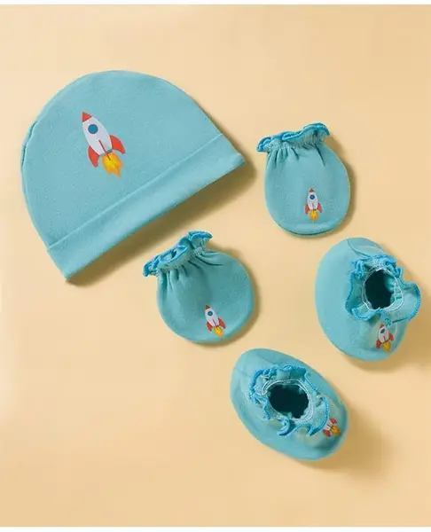Ben Benny Interlock Knit Rocket Printed Cap Mittens & Booties Set Blue -Diameter 15.5 cm