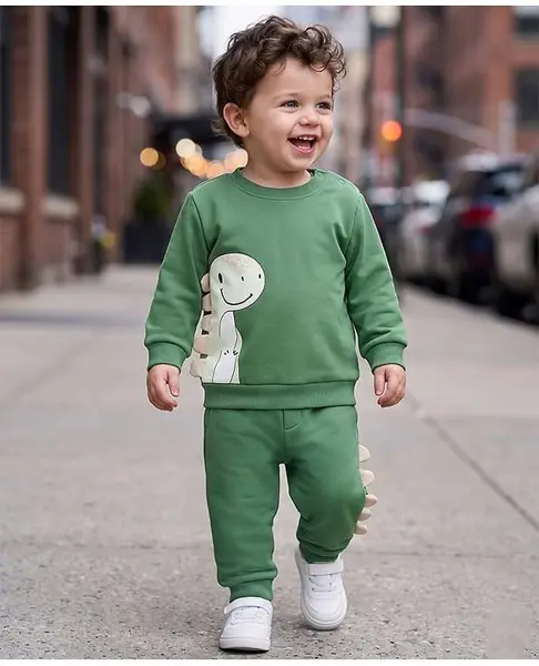 Babyoye Terry Knit Full Sleeves Winter Wear Suits With Dino Print & Applique- Green