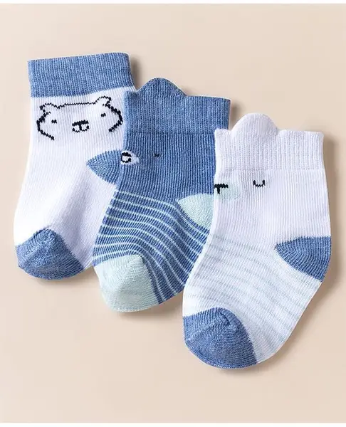 Doodle Poodle Cotton Knit Ankle Length Animal Design Socks Pack of 3 - White & Blue