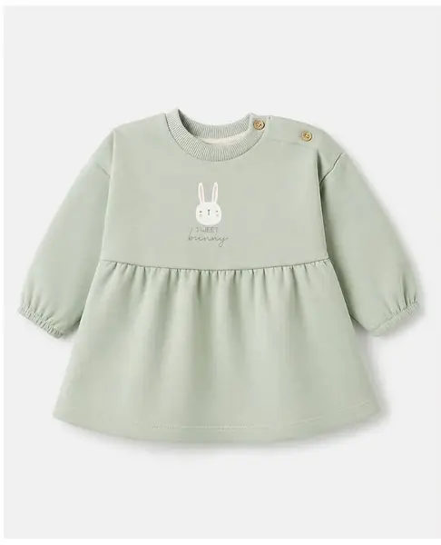 Simply Fleece Knit Full Sleeves Winter Frock with Bunny Print - Green