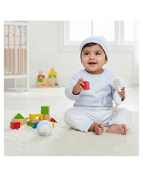 ToffyHouse Knitted Full Sleeves T-Shirt & Striped Pant Set With Cap & Elephant Embellishment - Sky Blue