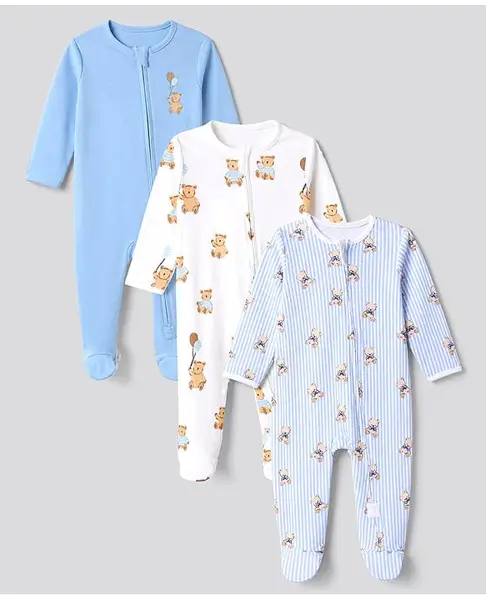 Bonfino 100% Cotton Knit Full Sleeves Striped Sleep Suits with Teddy Bear Print Pack of 3 - Light Blue White