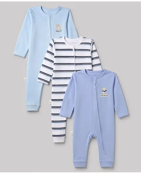 Bonfino 100% Cotton Yarn Dyed Knit Full Sleeves Striped Rompers with Bear Print Pack of 3 - Light Blue White & Blue