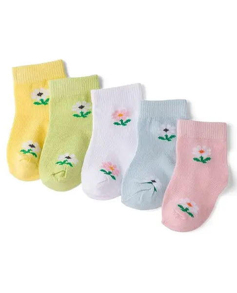 Doodle Poodle Knit Ankle Length Socks with Floral Design Pack of 5 - White & Pink