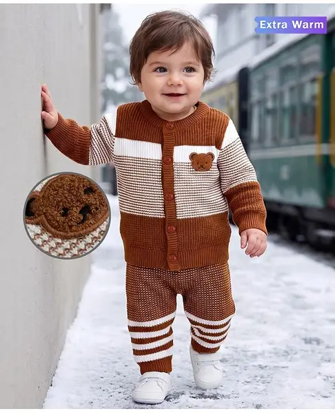 Babyoye Jacquard Knit Full Sleeves Striped Sweater Set With Bear Design - Brown