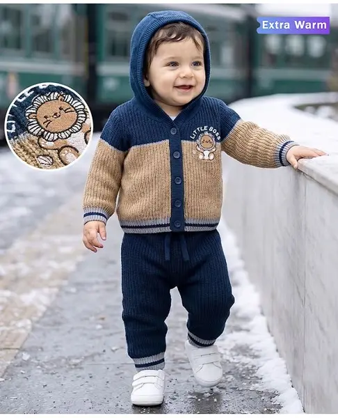 Babyoye Knit Full Sleeves Hooded Lion Printed Sweater Set - Navy Blue & Beige