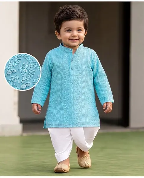 EARTHY TOUCH Woven Full Sleeves Chikankari Embroidered Kurta Dhoti Set - Light Blue
