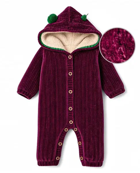 Yellow Apple Knit Full Sleeves Winter Wear Romper With Ear Applique - Maroon