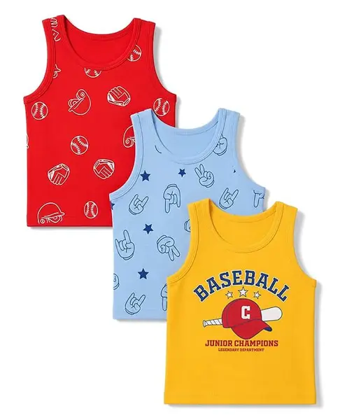 Doodle Poodle 100% Cotton Single Jersey Knit Sleeveless Vest with Base Ball Print Pack of 3- Red Yellow & Blue