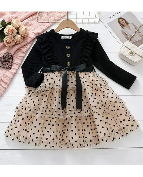 Mark & Mia Cotton Mix Full Sleeves Party Dress With Polka Dots Print & Bow Applique - Black