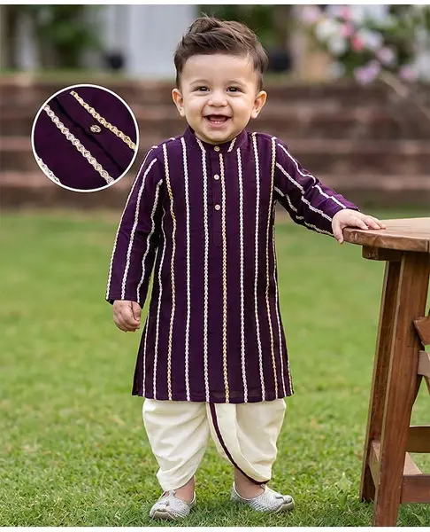 Babyhug Georgette Woven Full Sleeves Striped Embroidered Kurta Dhoti Set- Purple