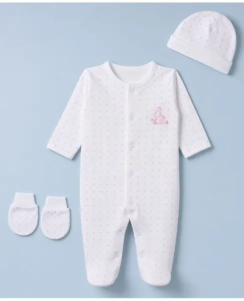 I Bears Interlock Knit Polka Dots Full Sleeves Giraffe Embroidery Sleep Suit Cap & Mittens - Pink