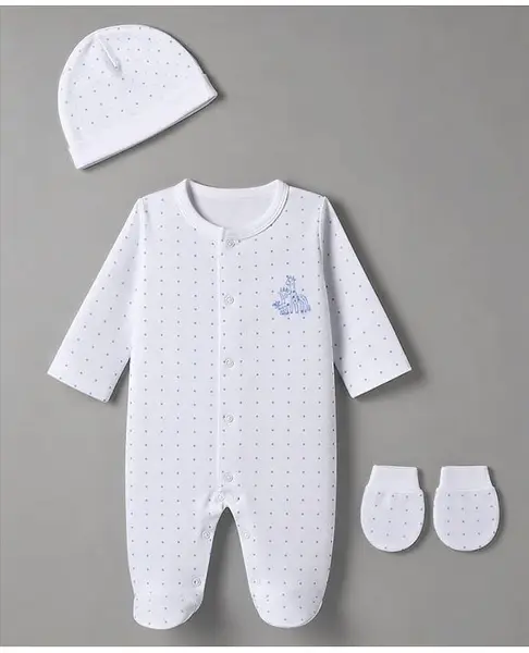 I Bears Interlock Knit Polka Dots Full Sleeves Giraffe Embroidery Sleep Suit Cap & Mittens - Blue