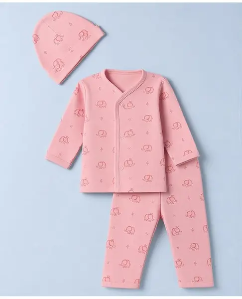 I Bears Knitted Full Sleeves T-Shirt & Pyjama Co-ords Night Suit With Elephant Print & Cap - Dark Pink