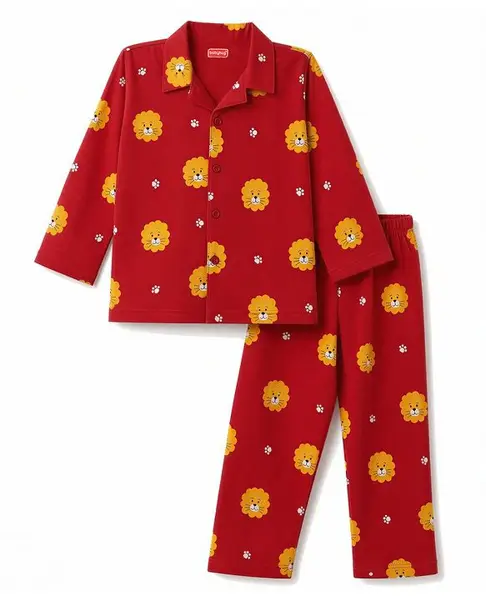 Babyhug Cotton Knit  Full Sleeves Co-Ords Shirt & Pyjama Night Suit with Lion & Paw Print -  Maroon