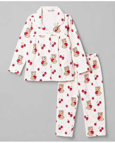 Babyhug Cotton Knit Full Sleeves Front Open Co-ord Top & Pyjama Night Suit with Teddy & Cherry Print - White