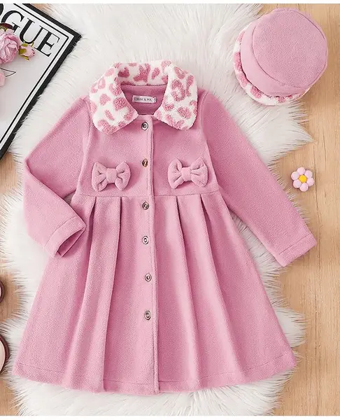 Mark & Mia Full Sleeves Winter Frock and Cap with Bow Applique & Animal Print Collar  - Pink