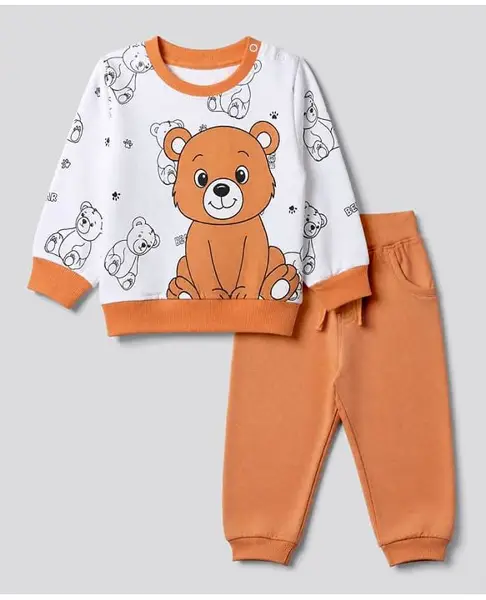Doodle Poodle 100% Cotton Looper Terry Knit Light Weight Full Sleeves Winter Wear Suit With Bear Print - Light Peach & White