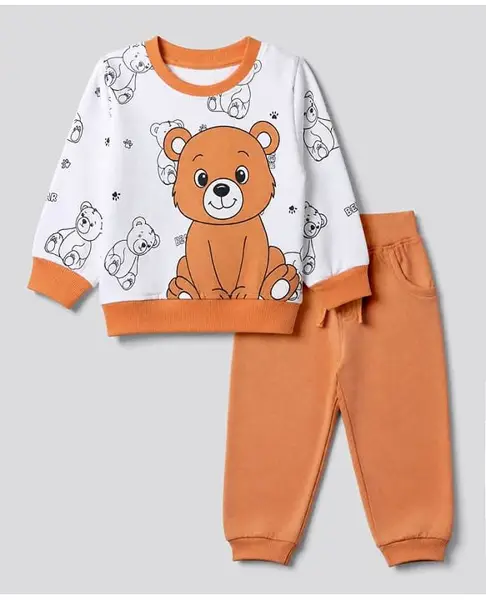 Doodle Poodle 100% Cotton Looper Terry Knit Light Weight Full Sleeves Winter Wear Suit With Bear Print - Light Peach & White