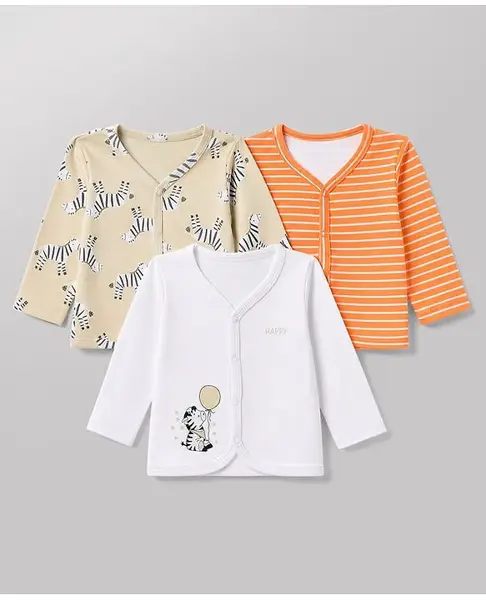 Babyhug Interlock Knit Full Sleeves Striped & Zebra Printed Jhablas Pack of 3 - White & Orange