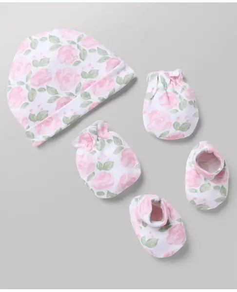 Babyhug 100% Cotton Interlock Knit Floral Printed Cap Mittens & Booties Set White - Diameter 12 cm