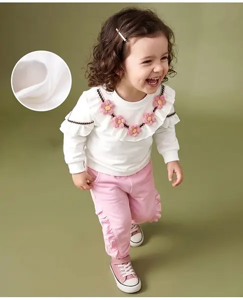 Mark & Mia Cotton Full Sleeves Crochet Floral Designed Top & Pant Set - White & Pink