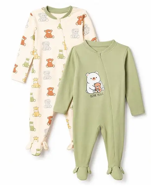 Babyoye 100% Cotton Interlock Knit with Ecojiva Finish & Animal Printed Full Sleeves Sleep Suits Pack of 2 - Off White & Olive Green