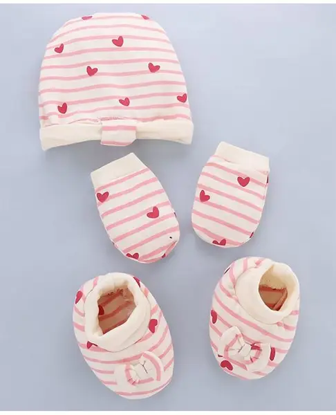 Babyoye 100% Cotton Interlock Knit With Eco Jiva Finish Striped Cap Mitten & Booties Set With Heart Print & Bow Applique - White