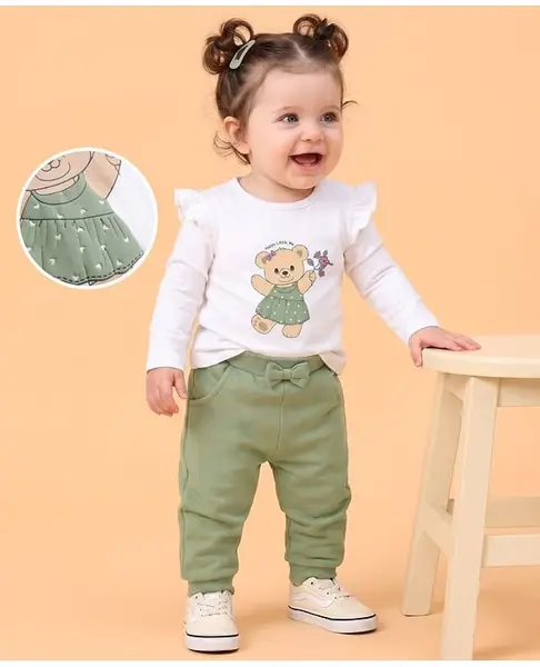 Babyoye 100% Cotton Interlock Knit With Eco Jiva Finish Full Sleeve T-Shirts & Bottoms With Teddy Bear Print - White & Green