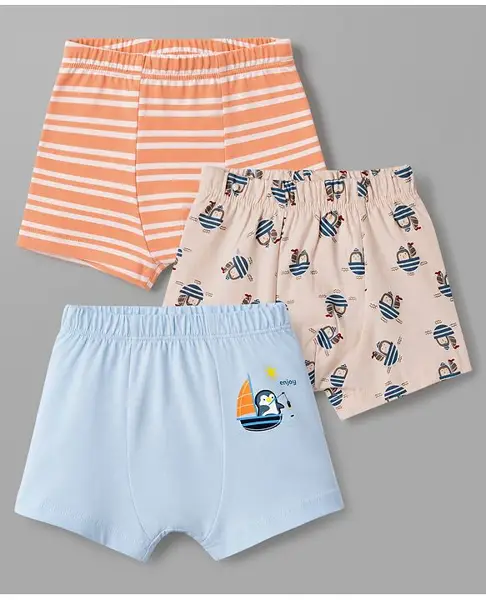 Babyhug 100% Cotton Knit Striped Briefs With Boat Print Pack of 3 - Peach Orange & Light Blue
