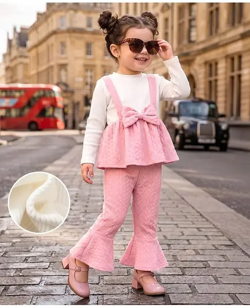 Mark & Mia Full Sleeves Top & Pant Set with Frill Design & Bow Applique - Pink