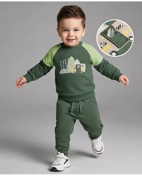 Babyoye 100% Cotton Terry Knit Heavy Gauge Three Thread Terry Full Raglan Sleeves Printed Sweatshirt & Joggers Set - Green