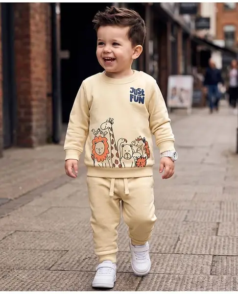 Babyoye Terry 100% Cotton Knit Full Sleeves Winter Wear Suits With Animal Print - Cream