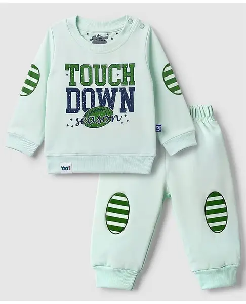 Mini Taurus 100% Cotton Knit Full Sleeves Text Printed T-Shirt & Pant Set - Mint