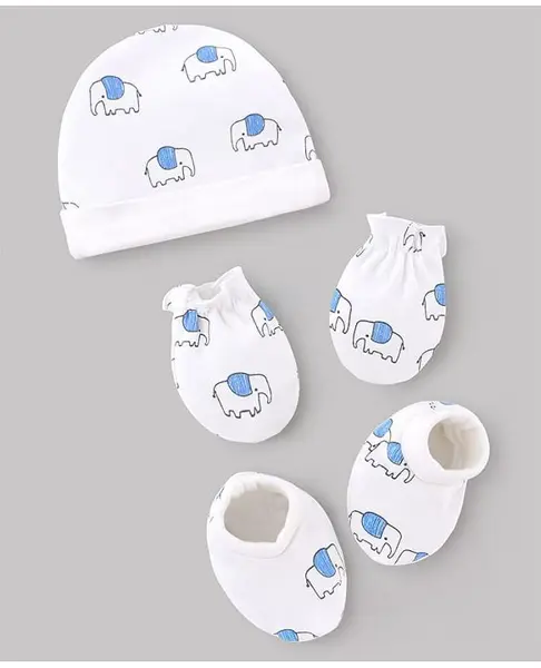 BABYHUG 100% COTTON Interlock Knit Cap Mittens & Booties with Elephant Print White - Diameter 16 cm