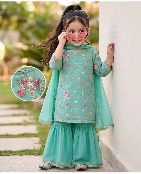 Babyhug Georgett  Woven Full Sleeves Floral Embroidered Kurti Gharara Set With Dupatta - Sea Green